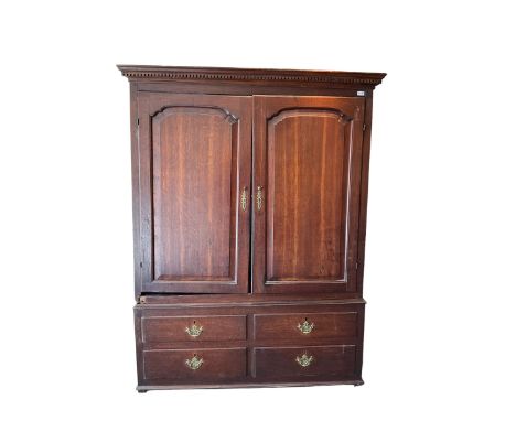 George III oak press cupboard, dentil cornice over two arch fielded panel doors, the base fitted with four drawers with press