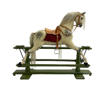 Attributed to F. H. Ayres - early 20th century carved wooden dapple grey rocking horse, with leather saddle and tack, with gl