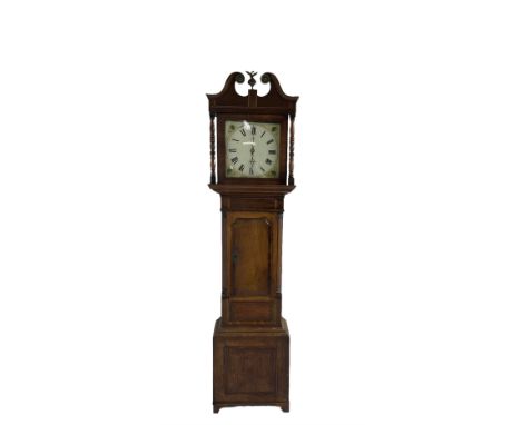 Unsigned - mid-19th century 30 hour oak and mahogany longcase clock, with a swans neck pediment and ball and eagle finial, sq