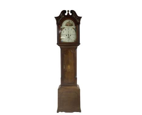 Charles Fletcher of Barnsley - Oak and Mahogany 8-day longcase clock, c 1830, with a swans neck pediment, silk backed open fr