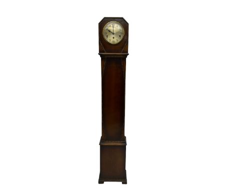 1950's - 8-day oak cased grandmother clock, flat top with chamfered corners, long trunk with applied beadwork decoration, rec