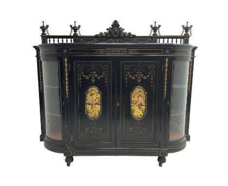 Victorian ebonised credenza side cabinet, raised balustrade back with urn finials and a central carved cartouche, carved and 