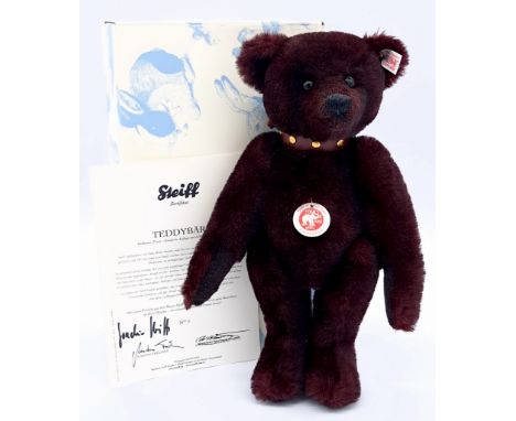 Steiff Collar Teddy Bear, white tag 038754, LE 9/2009, dark red with dark tip alpaca, brown collar studded with Steiff button