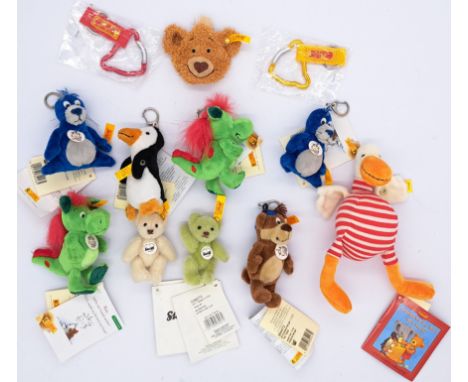 Steiff collection of keyrings and miniatures, including: pale green mohair miniature teddy bear, yellow tag 039270, 3"/8cm; w