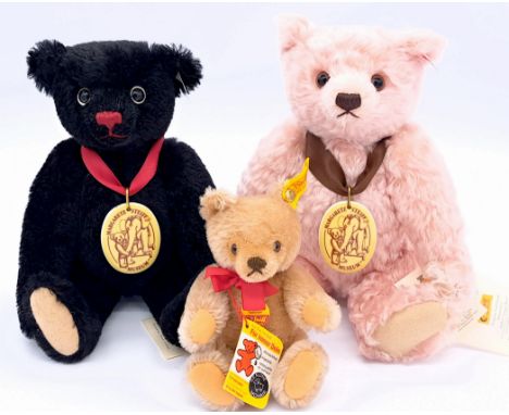 Steiff teddy bear trio including: (1) Museum Bear 2004, white tag 671760, pink mohair, ceramic medallion, swing label certifi