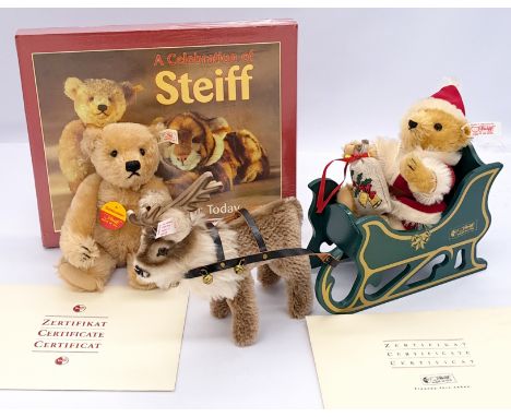 Steiff Father Christmas Teddy Bear with Reindeer, 2000, white tag 670565, LE 2500, sleigh, certificate, Good (discolouration 