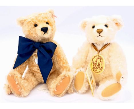 Steiff Museum bear pair including: (1) Museum bear 2008, white tag 672989, blonde mohair, ceramic chest tag, swing label cert