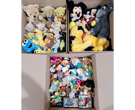 Group of plush toys including teddy bears, Disney characters, Muppets, plus others; Good; (Qty).