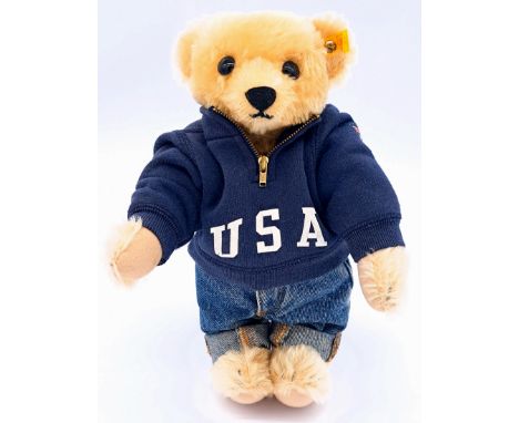 Steiff Ralph Lauren Varsity The Polo Bear, yellow tag 027086, 1909 replica golden mohair bear, slight discoloration to left h