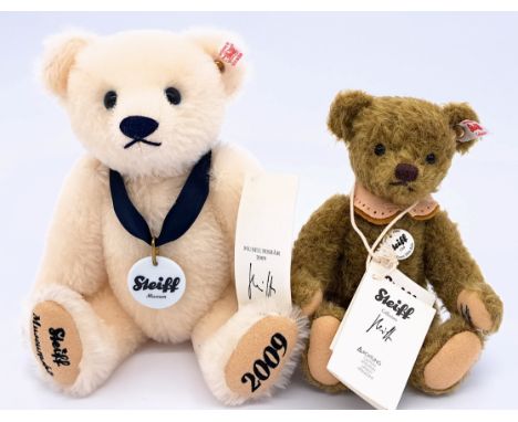 Steiff teddy bear pair including: (1) Event teddy bear 2015, white tag 421334, green mohair, chest tag, swing label (signed),