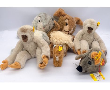Steiff collection of plush animals, including Jolly Hase hand puppets, yellow tags, Good to Excellent, largest 18"/46cm., sma