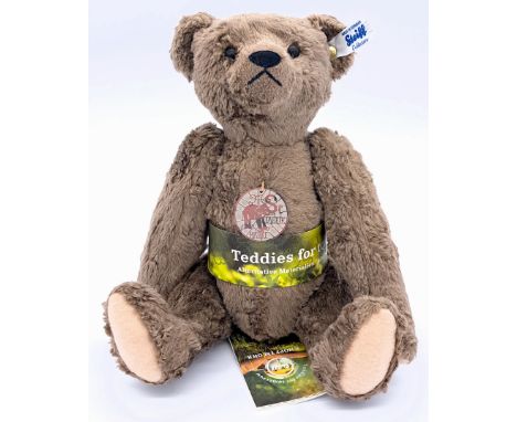 Steiff Teddies for Tomorrow bear, white tag 007125, grey bamboo plush, chest medallion, swing label, Excellent, 11"/28cm.