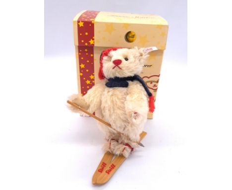 Steiff Teddy Bear Skier, white tag 037696, white mohair teddy bear, limited edition of 1500, certificate, Excellent to Excell