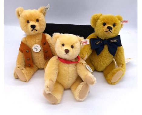 Steiff three limited edition teddy bears: (1) Steiff Teddy Bu 1925 Blonde Replica teddy bear, white tag 407161, LE 4000, ches