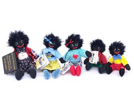 Bill Cousins artist designed miniature Gollies x five, each individually made in black felt and plush, embroidered features, 