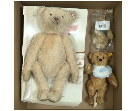 Steiff trio of teddy bears, including: Appolonia Margarete teddy bear, white tag 038112, Good within Poor box, with certifica