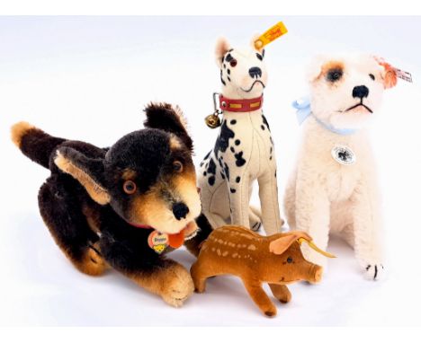 Steiff animals including: (1) Beppo Dachshund dog, MISSING button, black and brown mohair, open mouth with felt tongue, chest