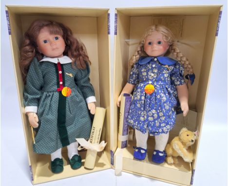 Steiff Doll pair including: (1) Steiff Babinchen Doll, 701382, carrying miniature 4"/11cm beige mohair original teddy bear wi