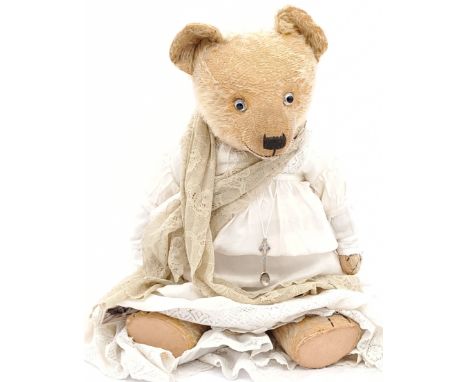 Chiltern Lady Cordelia Cringeworthy, vintage golden mohair teddy bear, British, 1930s, with Toy Bear Rescue Society swing tag