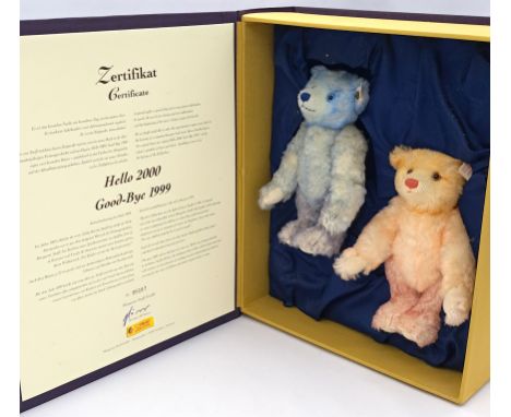 Steiff Hello 2000 Goodbye 1999 Teddy Bear set, white tag 670367 (discolouration to tags), limited to year, comprising blue an