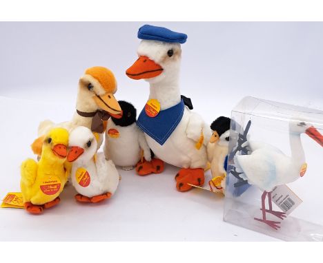 Steiff collection of plush birds, plus Adebar stork, Trevira velvet, 057700; including Frederic duck 6206/26 (missing pom-pom