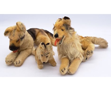 Steiff trio of mohair dogs including German Shepherd 'Arco', and 2x 'Collie'. All c.1950s-60s, 2 out of 3 have button in ear,