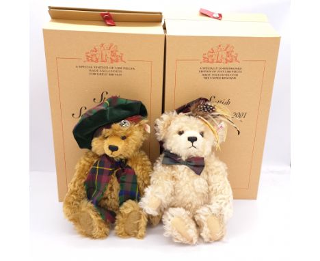 Steiff pair of Scottish teddy bears: (1) Steiff The First Scottish Bear, white tag 654732, dark blonde mohair bear, wearing g