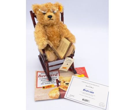 Steiff/Danbury Mint Bernard teddy bear with rocking chair, yellow tag 654848, swing label, certificate, resin book (chipped),