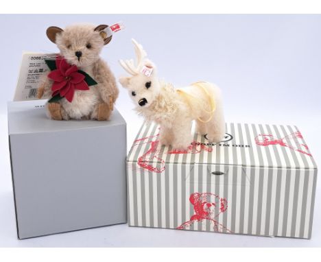 Steiff Christmas pair including: (1) Winter reindeer, white tag 006234, white alpaca, chest tag, certificate, within Excellen