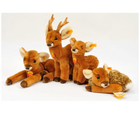 Steiff group of plush deer/fawns, including Rieke, yellow tag 1837/30, Boeky, yellow tag 1838/30, Lorli, yellow tag 1831/20, 