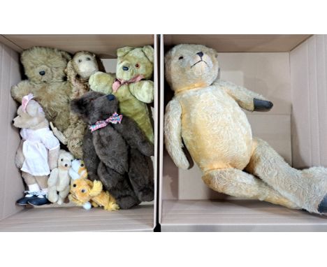 Collection of vintage teddy bears, including mohair and plush, bears and animals such as monkey pajama case, Fair to Good Plu