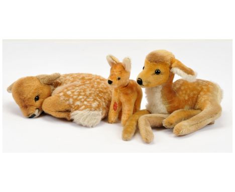 Steiff pair of vintage fawns, plus one other; Rehkitz fawn, c. 1960s-70s, mohair, with button, no cloth tag/chest tag, Good -