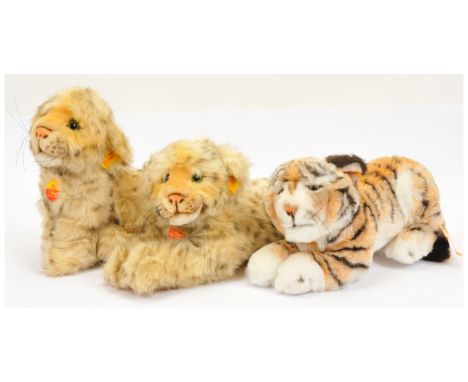 Steiff trio of plush big cats, including 0390/30, 102806, and 102844; all with chest tag/cloth tag/button, 2/3 with swing lab