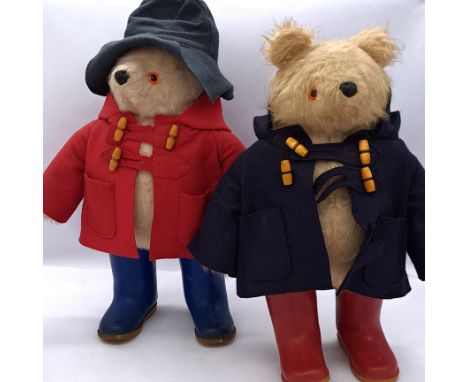 Gabrielle Designs pair of vintage Paddington Bear teddy bears, holes in blue felt jacket and large hole on bottom of bear, mi