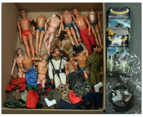 Vintage action figures, including Palitoy Action Man, Kenner Six Million Dollar Man, and others, plus clothing and accessorie