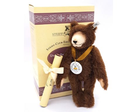 Steiff Club Edition Dicky replica 1935 teddy bear, 1996, white tag 420078, LE, dark brown mohair, ceramic medallion, certific