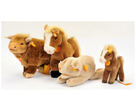 Steiff group of plush animals, including Highland Cow, yellow tag 2690/32, Cosy Ferdy yellow tags 5475/28 and 5475/28, and Co
