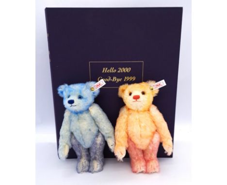 Steiff Hello 2000 Goodbye 1999 Teddy Bear set, white tag 670367, limited to year, comprising blue and pink tipped teddy bears