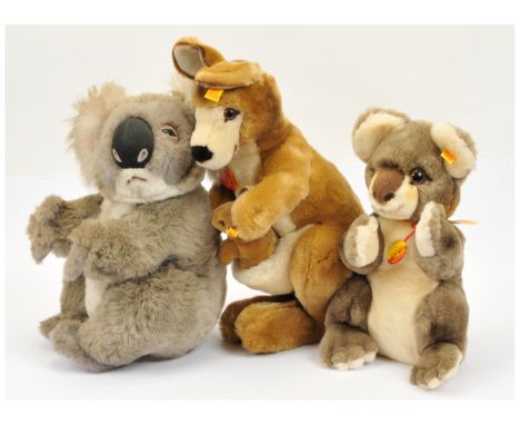 Steiff trio of plush animals: Kango and Joey, 0892/40, 17"/4cm; Cosy Koala, 5358/28, 11.5"/30cm; and Original Koala, 060106, 