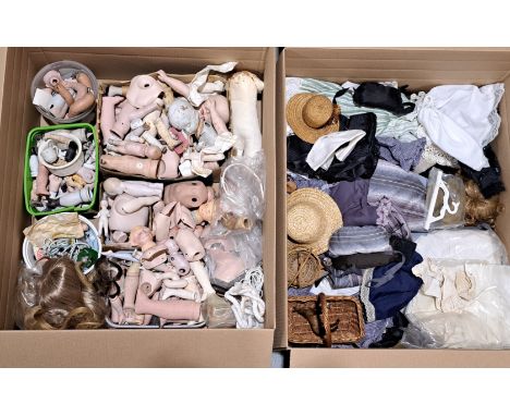Large collection of antique/vintage/modern doll parts, including bisque and composition arms/legs, bisque shoulder plates and