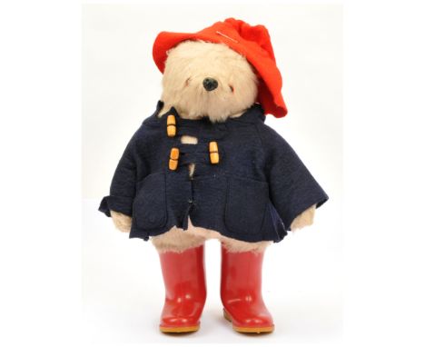 Gabrielle Designs vintage Paddington Bear, NO luggage label, red Dunlop size 5 Wellington boots, felt is discoloured slightly