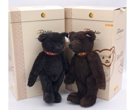 Steiff teddy bear pair including: (1) Teddy bear Schwartz, white tag 038150, LE 3000, 2004, black alpaca teddy wearing red le