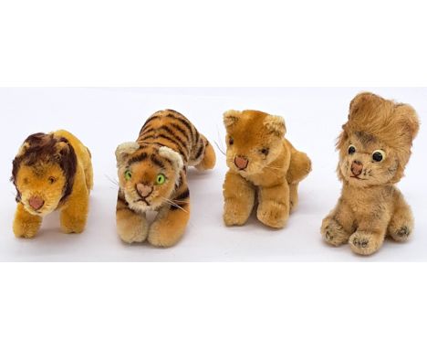 Steiff trio of vintage mohair big cats, plus one other; including Leo lion, Lioness Lea, and Tiger Cub; a.. c. 1950s-60s, Goo