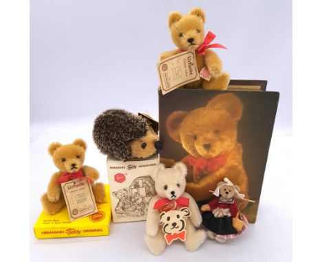 Hermann Teddy Original x eight teddy bears and a hedgehog, including miniatures, some limited edition, includes: Bear on whee