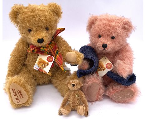 Teddy Hermann trio of teddy bears, including: U.K. Bear 2002, musical, LE 126/200, mohair, with tags, Good Plus to Excellent,