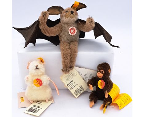 Steiff trio of miniature mohair animals, including Friedricke bat 055805, Jocko chimpanzee 060205, and Piff mouse 032134; all