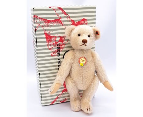 Petsy 1928 replica teddy bear, white tag 40341, white mohair, chest tag, certificate, within Good Plus box, outer trade carto
