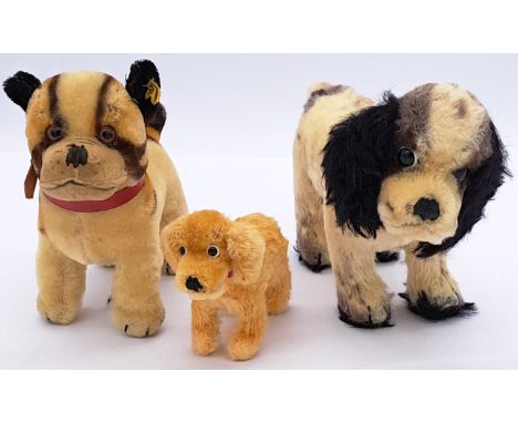 Steiff trio of vintage mohair dogs including Bully and 2x Cockie; all c. 1960s, 1/3 with button in ear and cloth tag (Bully),