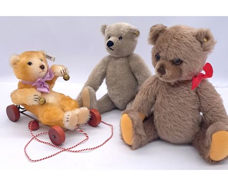 Steiff Museum Collection Baby Bear with Wagon replica, white tag 0135/20, LE 666/4000, no box; plus two other Steiff bears, b