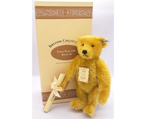 Steiff British Collectors Replica 1908 teddy bear, white tag 406072, LE 3000 pieces exclusive to the UK, dark golden mohair, 